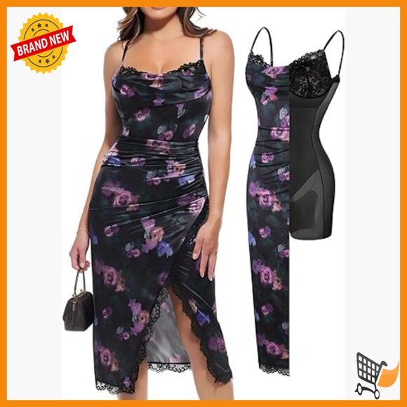 Satin Midi Dress with Built-in Shapewear and Lace Bra for Cocktail Events